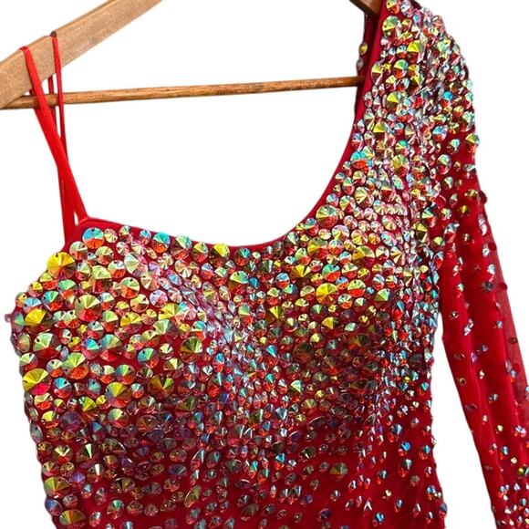 Angela & Alison Red Beaded One Sleeve Prom Formal Mini Short Dress Women 16 - Picture 5 of 10